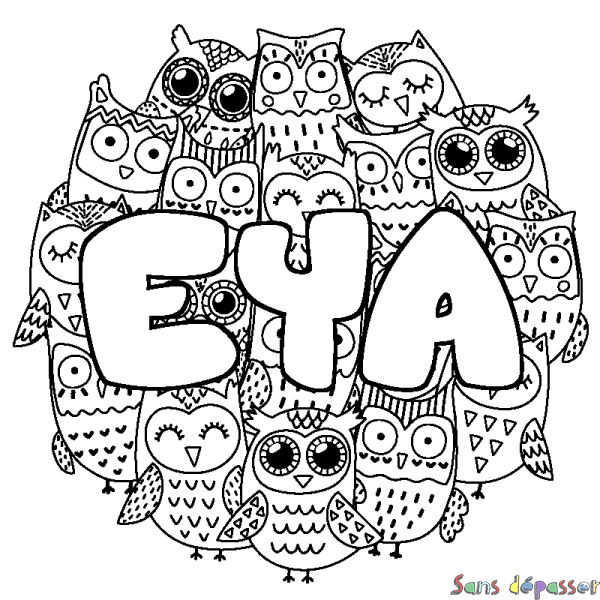 Coloriage pr&eacute;nom EYA - d&eacute;cor Chouettes
