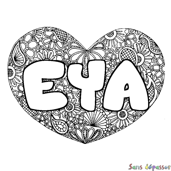 Coloriage pr&eacute;nom EYA - d&eacute;cor Mandala coeur