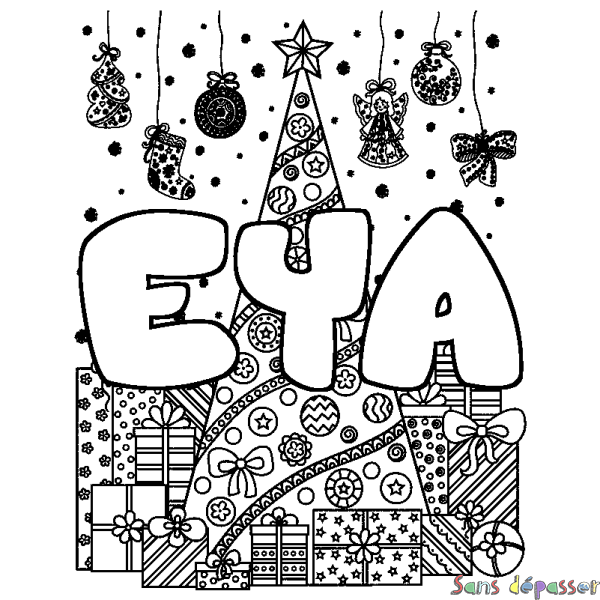 Coloriage pr&eacute;nom EYA - d&eacute;cor Sapin et Cadeaux