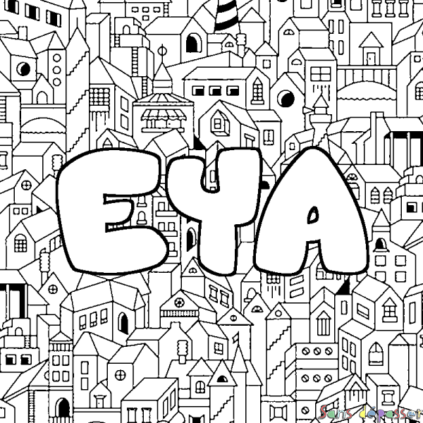 Coloriage pr&eacute;nom EYA - d&eacute;cor Ville