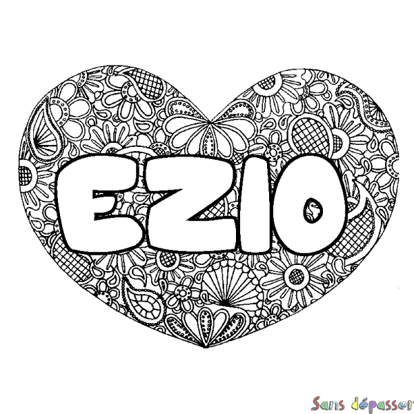 Coloriage pr&eacute;nom EZIO - d&eacute;cor Mandala coeur