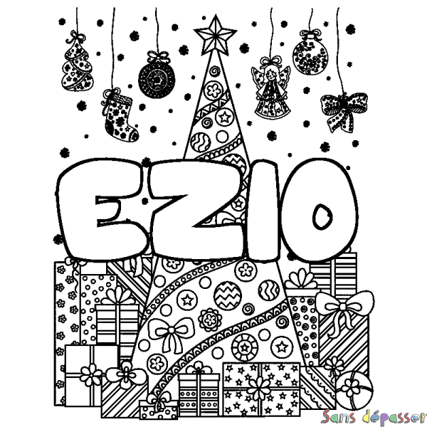 Coloriage pr&eacute;nom EZIO - d&eacute;cor Sapin et Cadeaux
