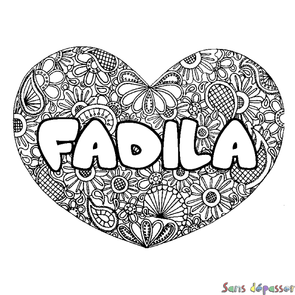 Coloriage prénom FADILA - d&eacute;cor Mandala coeur