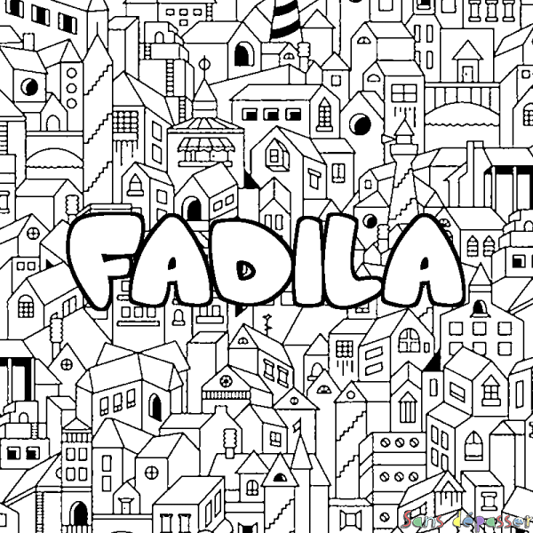 Coloriage pr&eacute;nom FADILA - d&eacute;cor Ville