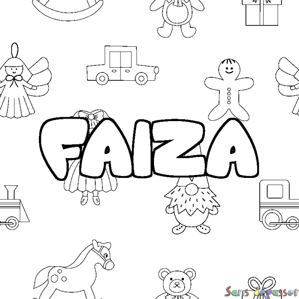 Coloriage pr&eacute;nom FAIZA - d&eacute;cor Jouets