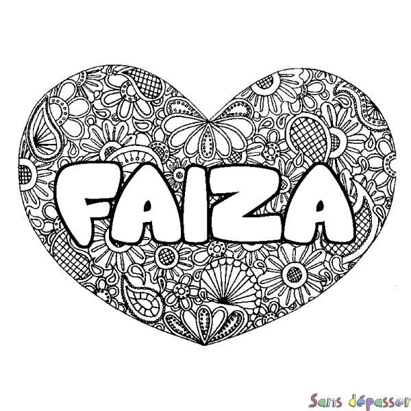 Coloriage pr&eacute;nom FAIZA - d&eacute;cor Mandala coeur