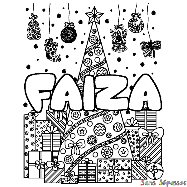 Coloriage prénom FAIZA - d&eacute;cor Sapin et Cadeaux