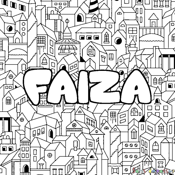 Coloriage pr&eacute;nom FAIZA - d&eacute;cor Ville