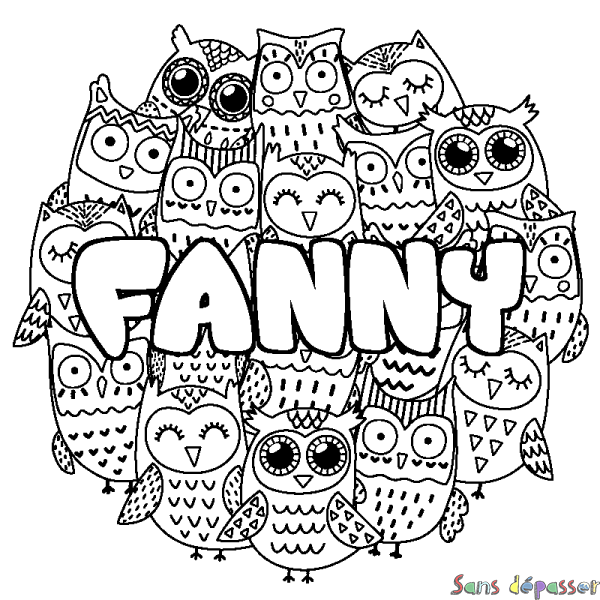 Coloriage pr&eacute;nom FANNY - d&eacute;cor Chouettes