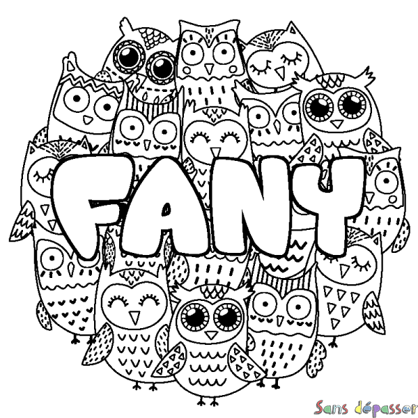 Coloriage pr&eacute;nom FANY - d&eacute;cor Chouettes
