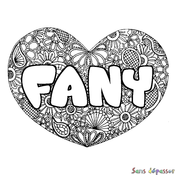 Coloriage pr&eacute;nom FANY - d&eacute;cor Mandala coeur