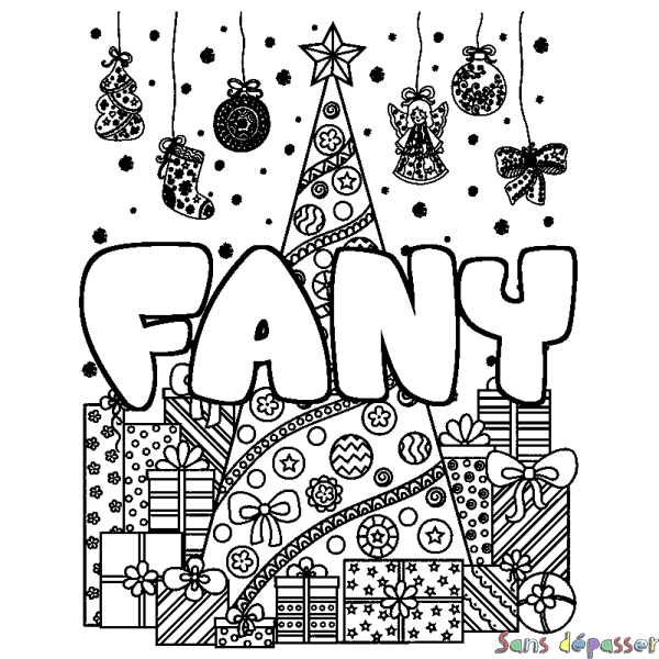 Coloriage prénom FANY - d&eacute;cor Sapin et Cadeaux