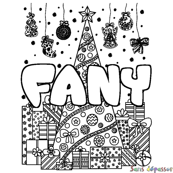 Coloriage pr&eacute;nom FANY - d&eacute;cor Sapin et Cadeaux