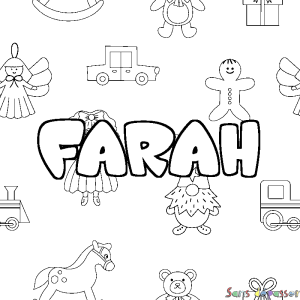 Coloriage pr&eacute;nom FARAH - d&eacute;cor Jouets