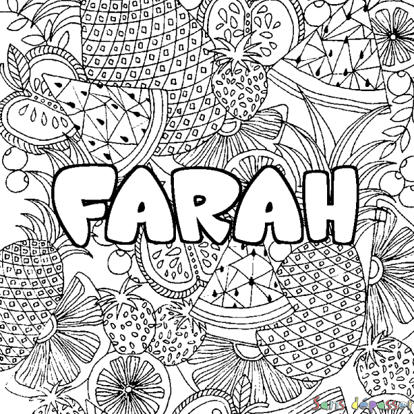 Coloriage pr&eacute;nom FARAH - d&eacute;cor Mandala fruits