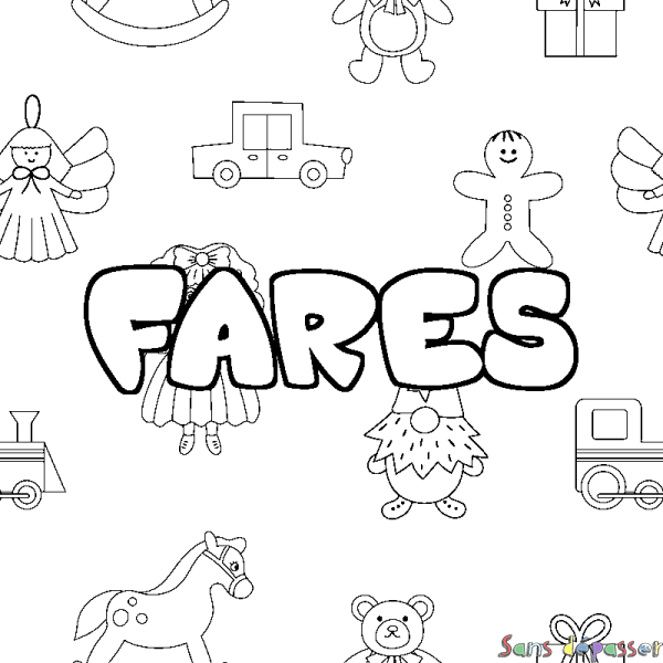 Coloriage pr&eacute;nom FARES - d&eacute;cor Jouets