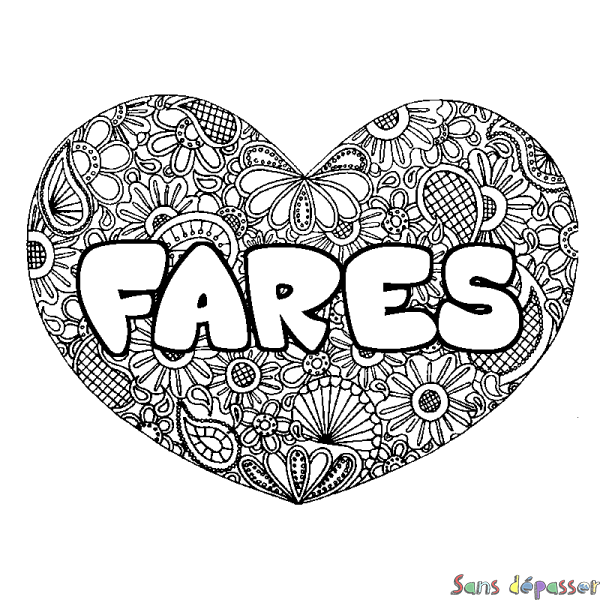 Coloriage pr&eacute;nom FARES - d&eacute;cor Mandala coeur