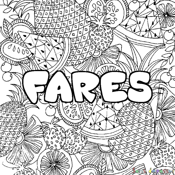 Coloriage pr&eacute;nom FARES - d&eacute;cor Mandala fruits