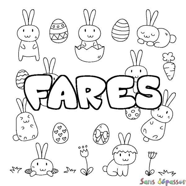 Coloriage pr&eacute;nom FARES - d&eacute;cor Paques