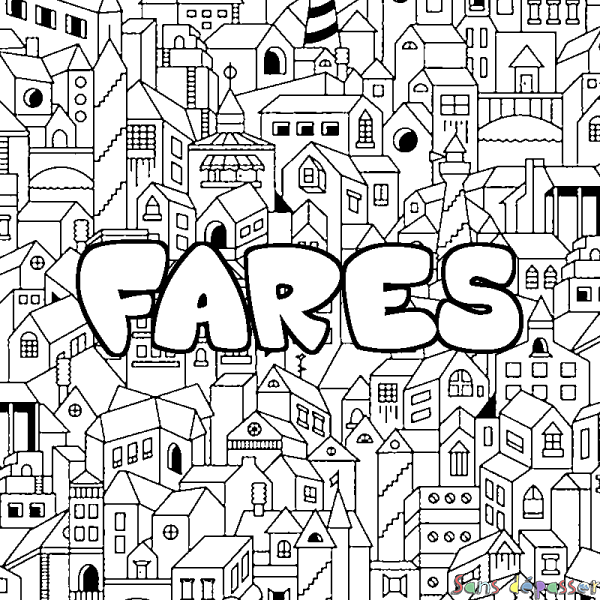 Coloriage pr&eacute;nom FARES - d&eacute;cor Ville