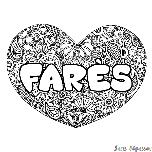 Coloriage pr&eacute;nom FAR&Egrave;S - d&eacute;cor Mandala coeur