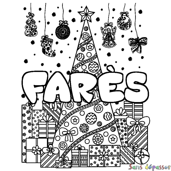Coloriage pr&eacute;nom FAR&Egrave;S - d&eacute;cor Sapin et Cadeaux
