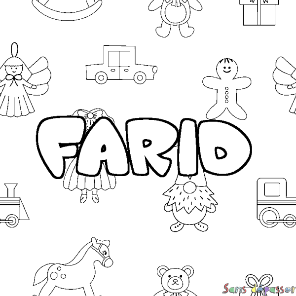 Coloriage pr&eacute;nom FARID - d&eacute;cor Jouets