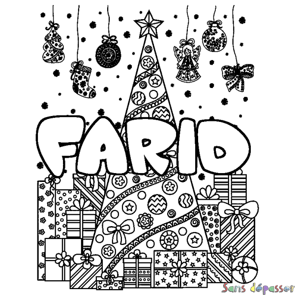 Coloriage prénom FARID - d&eacute;cor Sapin et Cadeaux
