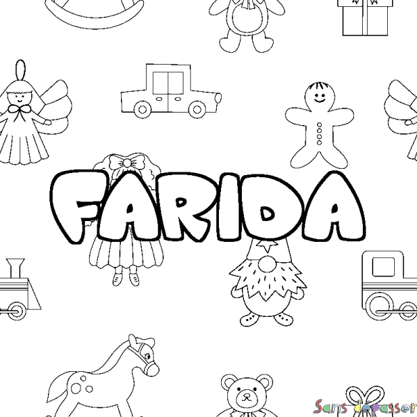 Coloriage pr&eacute;nom FARIDA - d&eacute;cor Jouets