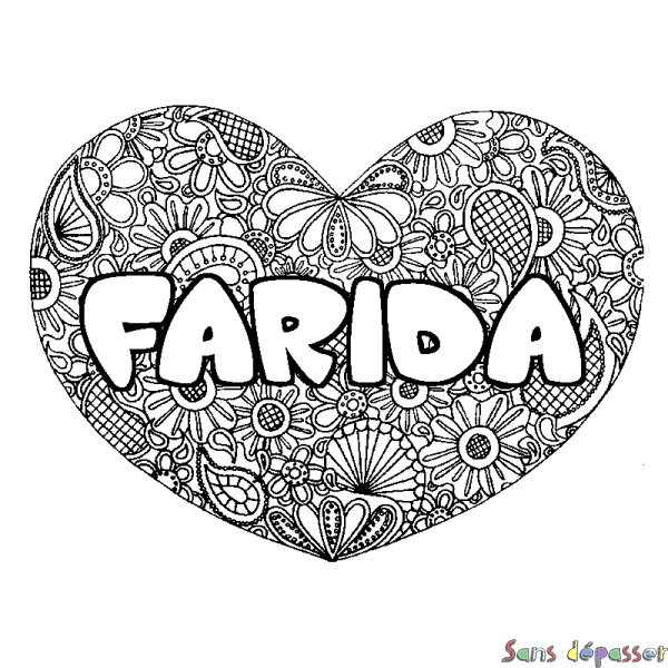 Coloriage prénom FARIDA - d&eacute;cor Mandala coeur