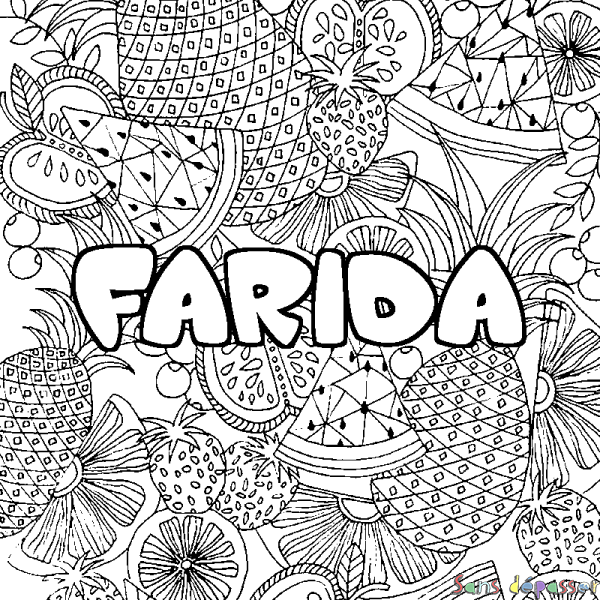 Coloriage prénom FARIDA - d&eacute;cor Mandala fruits