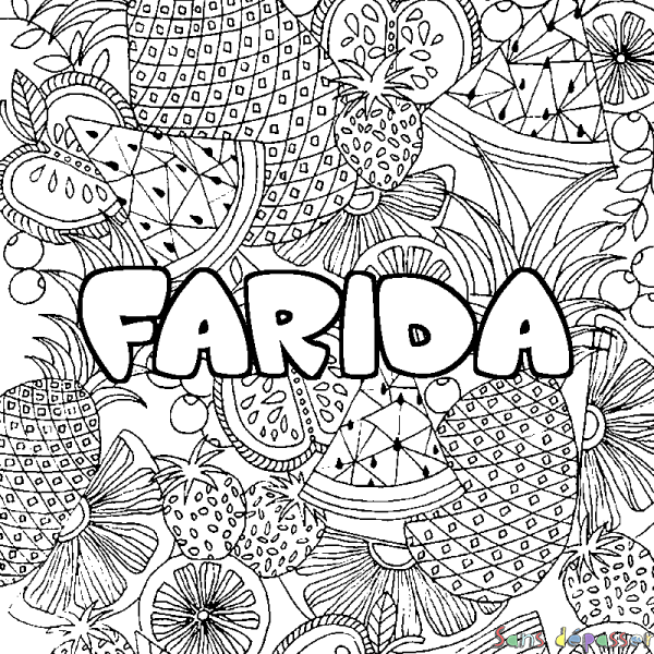 Coloriage pr&eacute;nom FARIDA - d&eacute;cor Mandala fruits