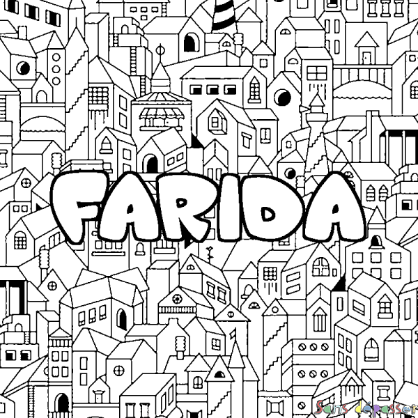 Coloriage pr&eacute;nom FARIDA - d&eacute;cor Ville