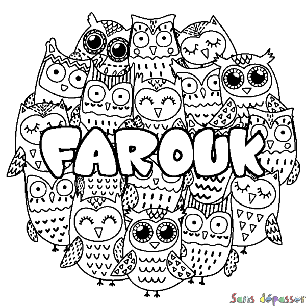 Coloriage prénom FAROUK - d&eacute;cor Chouettes