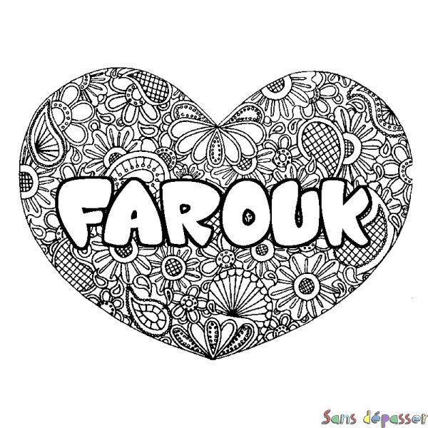 Coloriage prénom FAROUK - d&eacute;cor Mandala coeur