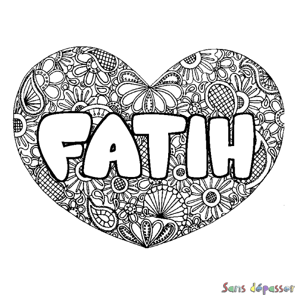 Coloriage pr&eacute;nom FATIH - d&eacute;cor Mandala coeur