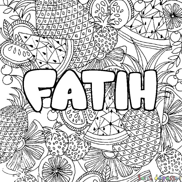 Coloriage pr&eacute;nom FATIH - d&eacute;cor Mandala fruits