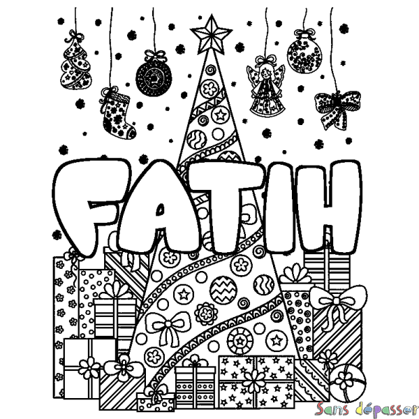 Coloriage pr&eacute;nom FATIH - d&eacute;cor Sapin et Cadeaux