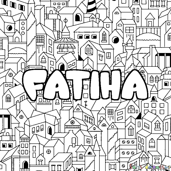 Coloriage pr&eacute;nom FATIHA - d&eacute;cor Ville