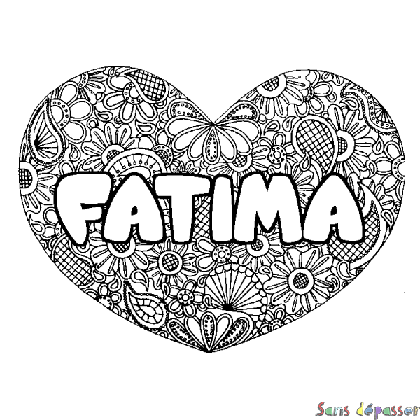Coloriage pr&eacute;nom FATIMA - d&eacute;cor Mandala coeur