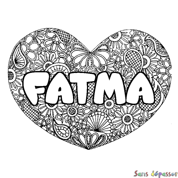 Coloriage pr&eacute;nom FATMA - d&eacute;cor Mandala coeur
