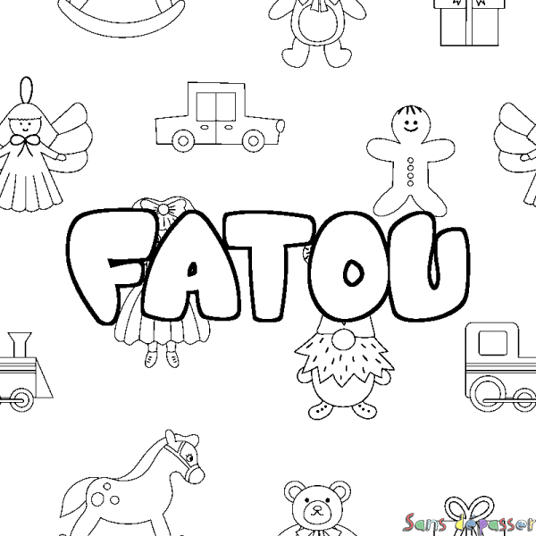Coloriage pr&eacute;nom FATOU - d&eacute;cor Jouets