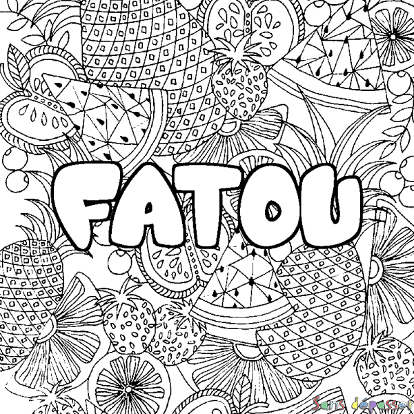 Coloriage pr&eacute;nom FATOU - d&eacute;cor Mandala fruits