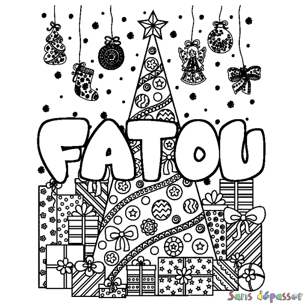 Coloriage pr&eacute;nom FATOU - d&eacute;cor Sapin et Cadeaux