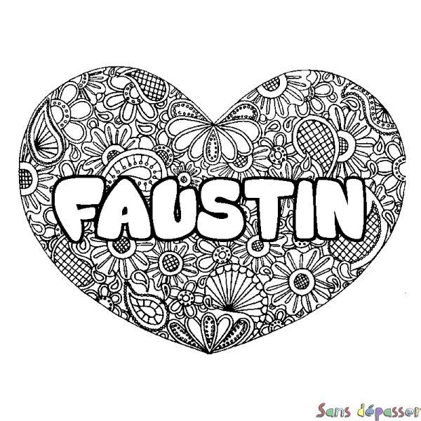 Coloriage pr&eacute;nom FAUSTIN - d&eacute;cor Mandala coeur