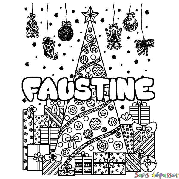 Coloriage prénom FAUSTINE - d&eacute;cor Sapin et Cadeaux