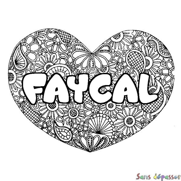 Coloriage pr&eacute;nom FAYCAL - d&eacute;cor Mandala coeur