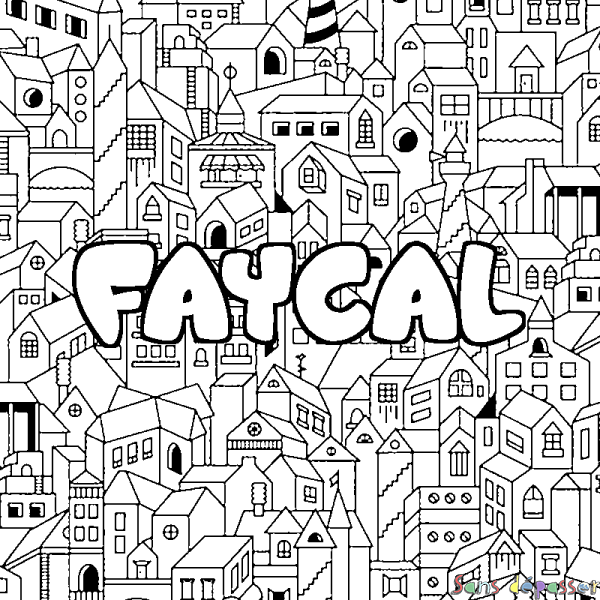 Coloriage pr&eacute;nom FAYCAL - d&eacute;cor Ville