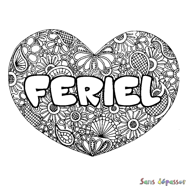 Coloriage pr&eacute;nom FERIEL - d&eacute;cor Mandala coeur