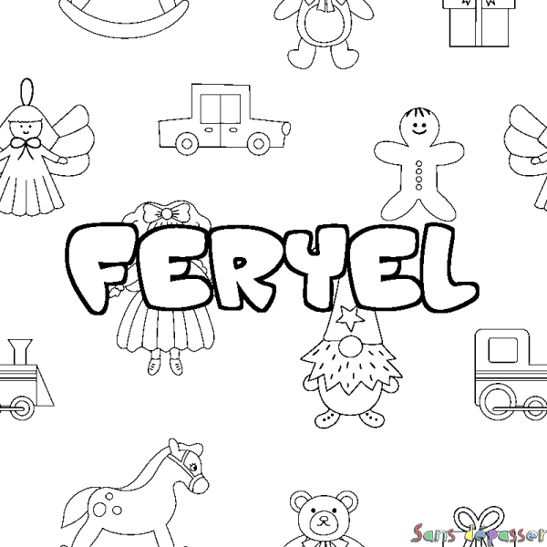 Coloriage pr&eacute;nom FERYEL - d&eacute;cor Jouets
